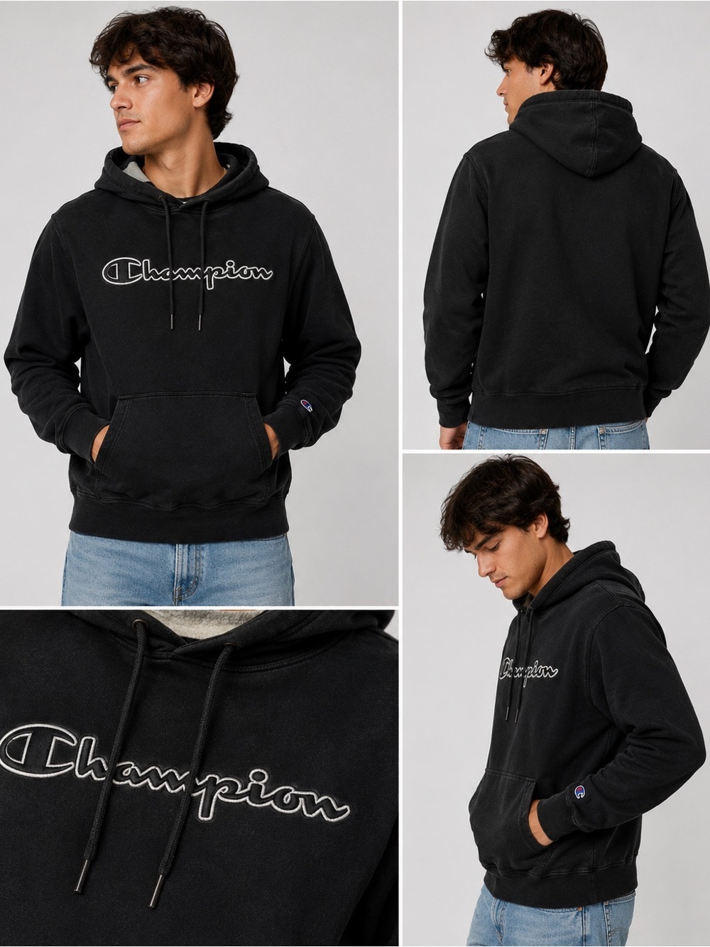 Champion Powerblend Black Hoodie Embroidered Script Logo Pullover Size M